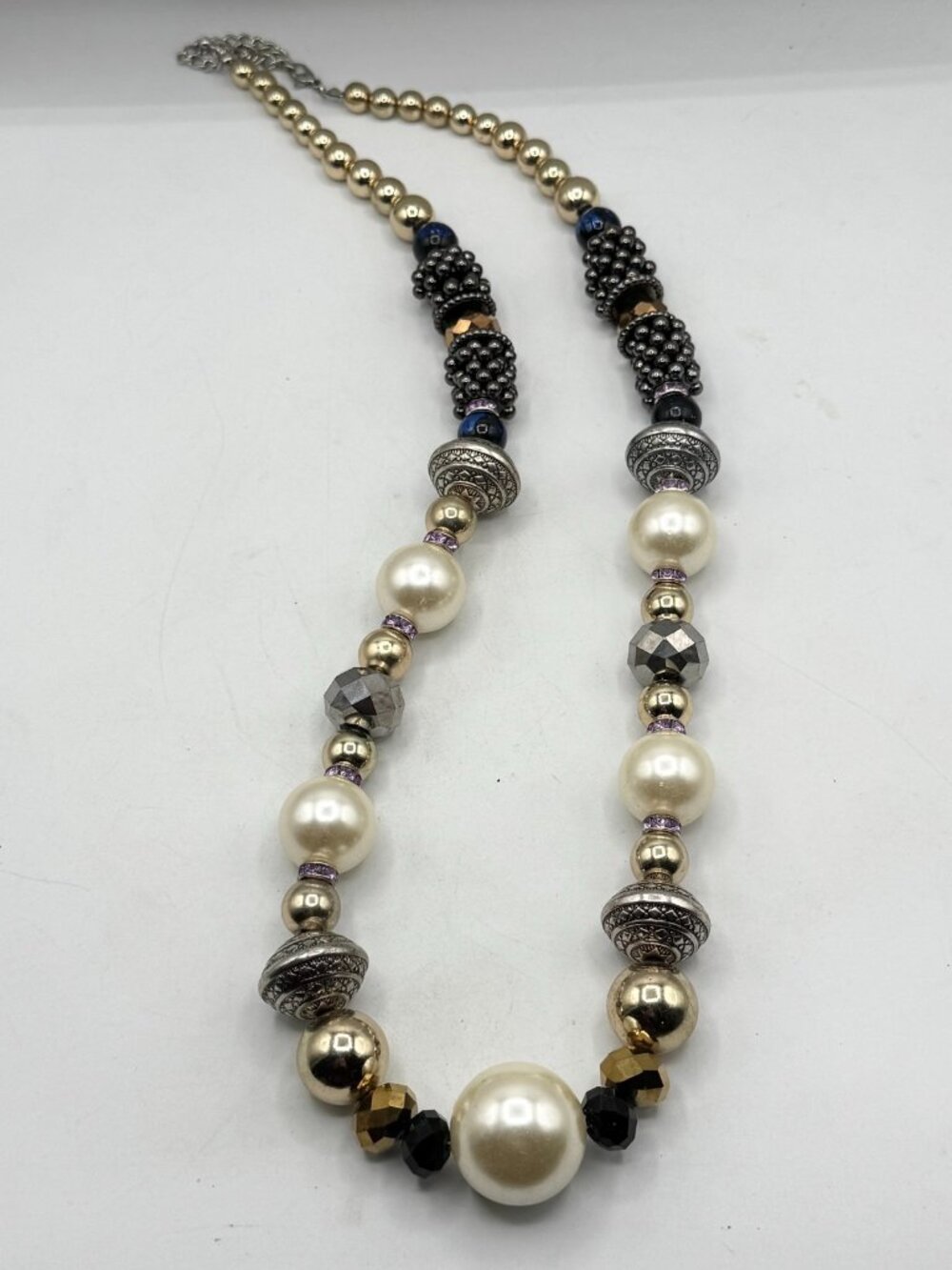 Large faux pearl hematite crystal beaded long necklace